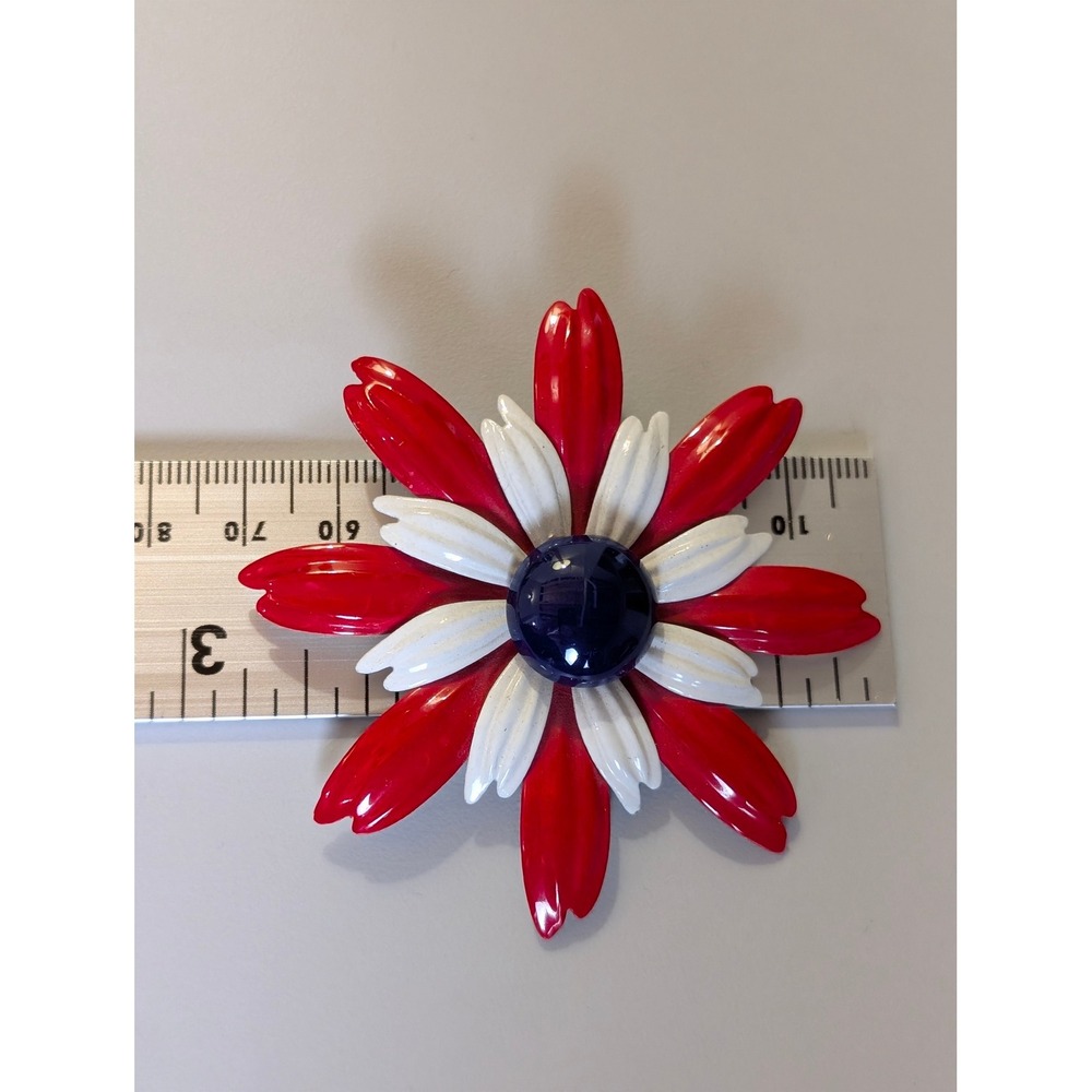 Vintage Red White Blue Enamel Flower Brooch Patriotic Floral Pin 3 Inch - Picture 4 of 5